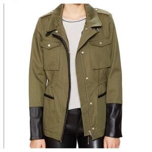 Maje Military Green Field Jacket Leather Details Quilted Lined Women's 38 US S